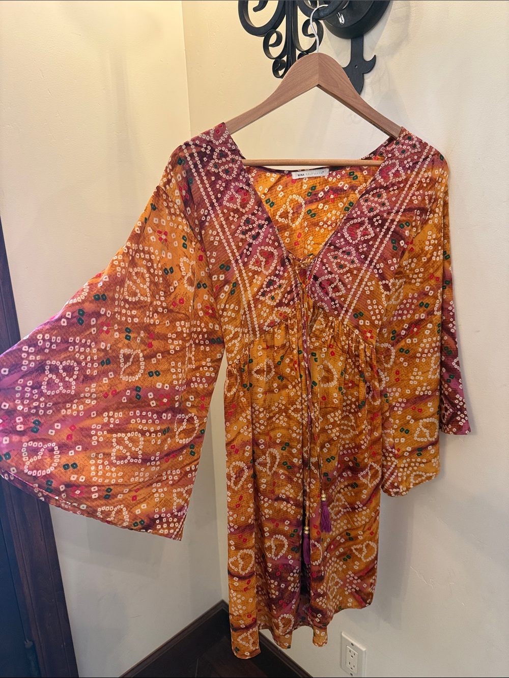 Nina Kaufmann France Bohemian Mustard & Maroon Printed Tie-Front Dress